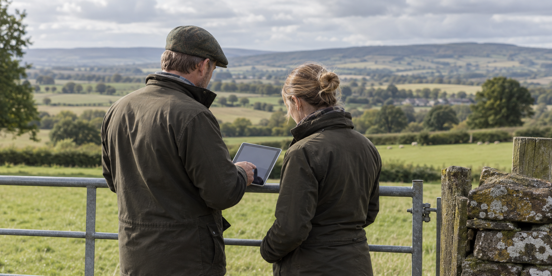 Two farm professionals discussing a field plan at a gate